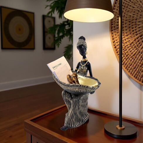Dwelloria African Woman Statue with Large Decorative Bowl – Resin Figurine, Black and Gold Cultural Sculpture, African Home Decor Centerpiece, Jewelry Trinket Candy Dish in Saudi Arabia