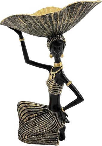 Dwelloria African Woman Statue with Large Decorative Bowl – Resin Figurine, Black and Gold Cultural Sculpture, African Home Decor Centerpiece, Jewelry Trinket Candy Dish in Saudi Arabia