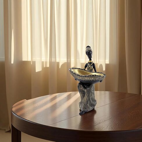 Dwelloria African Woman Statue with Large Decorative Bowl – Resin Figurine, Black and Gold Cultural Sculpture, African Home Decor Centerpiece, Jewelry Trinket Candy Dish in Saudi Arabia