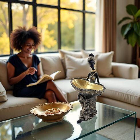 Dwelloria African Woman Statue with Large Decorative Bowl – Resin Figurine, Black and Gold Cultural Sculpture, African Home Decor Centerpiece, Jewelry Trinket Candy Dish in Saudi Arabia