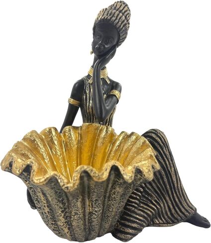 Dwelloria African Woman Statue with Large Decorative Bowl – Resin Figurine, Black and Gold Cultural Sculpture, African Home Decor Centerpiece, Jewelry Trinket Candy Dish in Saudi Arabia