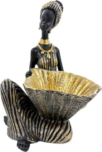 Dwelloria African Woman Statue with Large Decorative Bowl – Resin Figurine, Black and Gold Cultural Sculpture, African Home Decor Centerpiece, Jewelry Trinket Candy Dish in Saudi Arabia