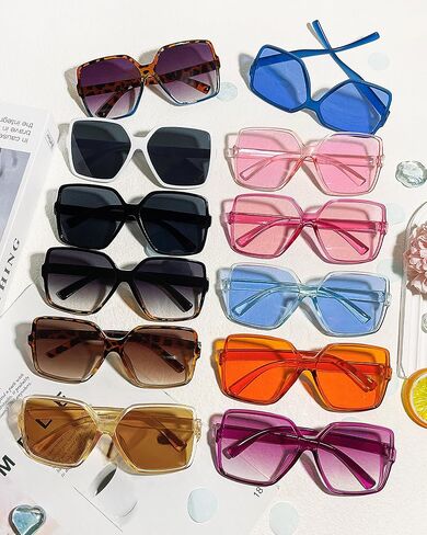 Geopty 12/24 حزمة من النظارات الشمسية المربعة كبيرة الحجم للجنسين 70s كبيرة وواسعة ملونة وظلال ريترو للنساء والرجال in Kuwait