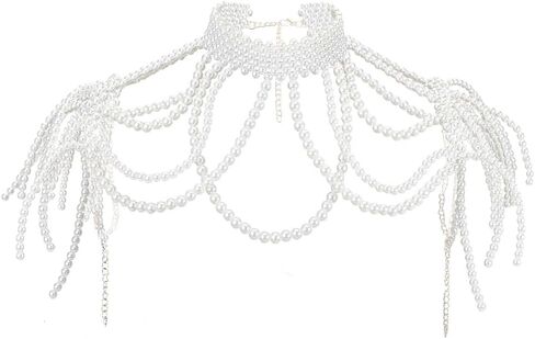 AHANDMAKER 1Pc Pearl Body Chain White Adjustable 19.29in x13.39in Women Rave Jewelry Shoulder Necklace for Party Burlesque Outfits Halloween Boudoir Photography Decoration in Saudi Arabia
