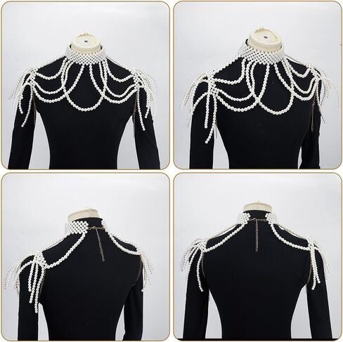 AHANDMAKER 1Pc Pearl Body Chain White Adjustable 19.29in x13.39in Women Rave Jewelry Shoulder Necklace for Party Burlesque Outfits Halloween Boudoir Photography Decoration in Saudi Arabia