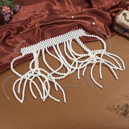 AHANDMAKER 1Pc Pearl Body Chain White Adjustable 19.29in x13.39in Women Rave Jewelry Shoulder Necklace for Party Burlesque Outfits Halloween Boudoir Photography Decoration in Saudi Arabia