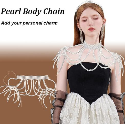 AHANDMAKER 1Pc Pearl Body Chain White Adjustable 19.29in x13.39in Women Rave Jewelry Shoulder Necklace for Party Burlesque Outfits Halloween Boudoir Photography Decoration in Saudi Arabia