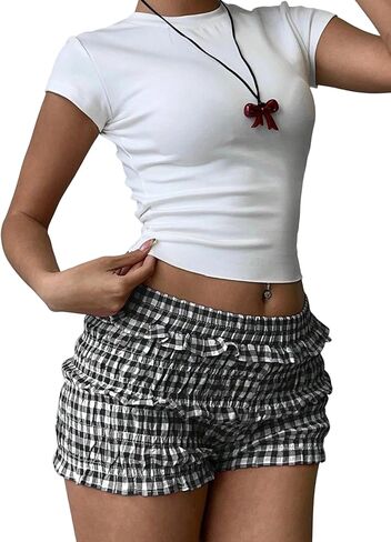 SOLY HUX Women's Y2k Plaid Mini Shorts Gingham Ruffle Trim Elastic Low Rise Cute Bloomer Shorts in Saudi Arabia
