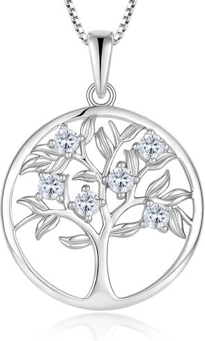 Vemhel Tree of Life Necklace for Women - Solid 925 Sterling Silver 18K White Gold Plated Birthstone Pendant Jewelry in Saudi Arabia