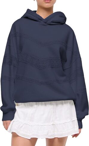 Meiyi station Oversized Hoodies for Women Lace Trim Long Sleeve Fleece Hooded Sweatshirt in Saudi Arabia