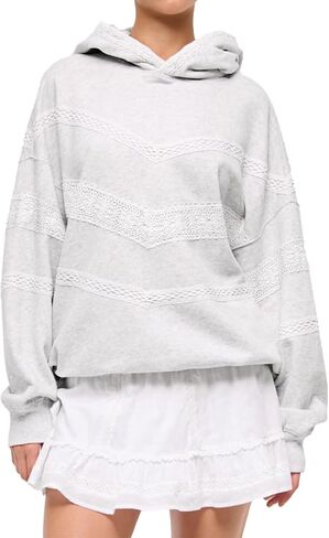 Meiyi station Oversized Hoodies for Women Lace Trim Long Sleeve Fleece Hooded Sweatshirt in Saudi Arabia
