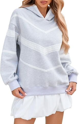 Meiyi station Oversized Hoodies for Women Lace Trim Long Sleeve Fleece Hooded Sweatshirt in Saudi Arabia