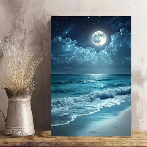 Night Ocean Moonlit Beach Vintage Rustic Canvas Wall Art - 12x18in Unframed Poster- Home & Office Decor for Living Room, Bedroom, Kitchen & Cafe in Saudi Arabia