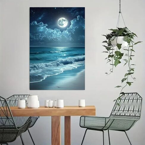 Night Ocean Moonlit Beach Vintage Rustic Canvas Wall Art - 12x18in Unframed Poster- Home & Office Decor for Living Room, Bedroom, Kitchen & Cafe in Saudi Arabia