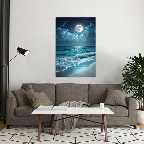 Night Ocean Moonlit Beach Vintage Rustic Canvas Wall Art - 12x18in Unframed Poster- Home & Office Decor for Living Room, Bedroom, Kitchen & Cafe in Saudi Arabia