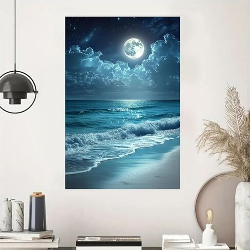 Night Ocean Moonlit Beach Vintage Rustic Canvas Wall Art - 12x18in Unframed Poster- Home & Office Decor for Living Room, Bedroom, Kitchen & Cafe in Saudi Arabia