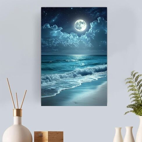 Night Ocean Moonlit Beach Vintage Rustic Canvas Wall Art - 12x18in Unframed Poster- Home & Office Decor for Living Room, Bedroom, Kitchen & Cafe in Saudi Arabia