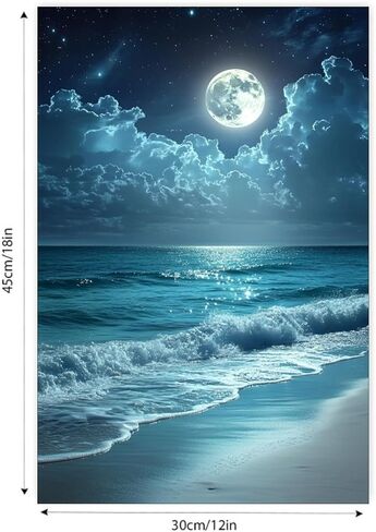 Night Ocean Moonlit Beach Vintage Rustic Canvas Wall Art - 12x18in Unframed Poster- Home & Office Decor for Living Room, Bedroom, Kitchen & Cafe in Saudi Arabia