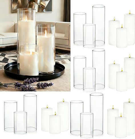 ZJGXH 24 Pcs White Pillar Candles and Glass Cylinder Vases Clear Glass Pillar Candle Holders Hurricane Glass Candle Holders for Table Centerpieces Wedding, Party, Event, Home Office in Saudi Arabia
