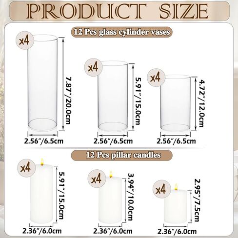 ZJGXH 24 Pcs White Pillar Candles and Glass Cylinder Vases Clear Glass Pillar Candle Holders Hurricane Glass Candle Holders for Table Centerpieces Wedding, Party, Event, Home Office in Saudi Arabia
