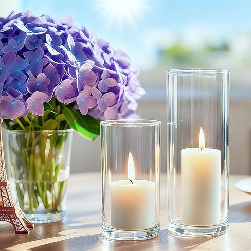 ZJGXH 24 Pcs White Pillar Candles and Glass Cylinder Vases Clear Glass Pillar Candle Holders Hurricane Glass Candle Holders for Table Centerpieces Wedding, Party, Event, Home Office in Saudi Arabia