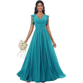 Maxianever Bridesmaid Dresses Chiffon Ruffled Sleeve Long A Line V Neck Formal Dress for Women in Kuwait