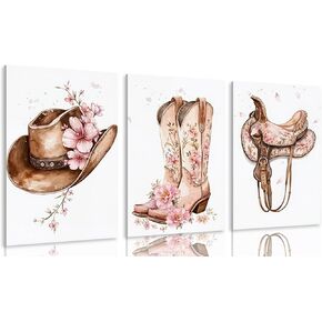 Tertiosh 3Pcs Western Cowgirl Canvas Wall Art Retro Western Flower Boots Hats Wall Decoration Pictures Girls Room Paintings Artwork Preppy Prints for Living Room Bedroom Dorm Decor 12x16in in Saudi Arabia
