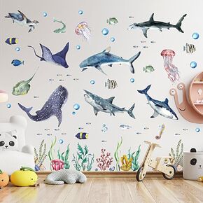 3 قطع من الملصقات الجدارية لأسماك القرش بألوان مائية وملصقات جدارية قابلة للتقشير واللصق على شكل حيوانات المحيط تحت البحر، ملصقات جدارية لموضوع الحياة البحرية وغرفة الحضانة ومستلزمات الحفلات، 11.8 × 35.4 بوصة in Kuwait