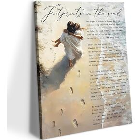 Jesus Holding Woman Wall Art Jesus Footprints in the Sand Painting picture Wall Decor Christian Inspirational Poem Poster print Artwork for Religious Living Room Bedroom Decor 8x10in Wrapped Canvas in Saudi Arabia