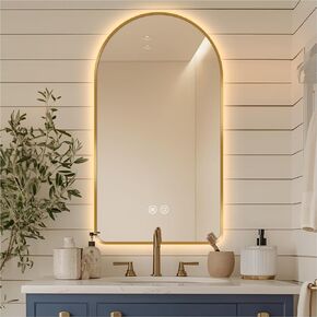مرآة حمام LED مقوسة مقاس 81.28 سم طولًا × 50.8 سم عرضًا من nolsia، إطار ذهبي مصقول، مرآة زينة بإضاءة خلفية مع أضواء، مرآة مضاءة مثبتة على الحائط، مرآة ذكية مقاومة للكسر بثلاثة ألوان قابلة للتعتيم، مدرجة في قائمة UL، CRI≥93 in Kuwait