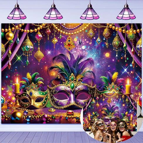 Mardi Gras Backdrop Masquerade Party Decoration 7x5ft Purple Gold Mask Dancing Decord Decord Proglough in Kuwait