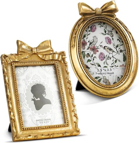 Qunclay 2 Pcs Gold Vintage Picture Frame Rectangle Oval Antique Resin Photo Frames With Glass Front Tabletop and Wall Hanging Baroque Ornate for Home Wedding Christmas Decor (2.5 x 3.5 Inch) in Saudi Arabia