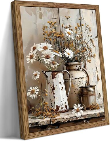 Country Wall Art, Farmhouse Pictures Wall Decor, Rustic Daisy Canvas Prints, Rusty Watering Can Art Paintings, Vintage Floral Artwork for Living Room Hallway Kitchen Bathroom Decor, Framed 12x16 In in Saudi Arabia