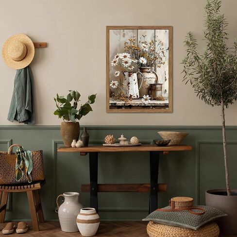 Country Wall Art, Farmhouse Pictures Wall Decor, Rustic Daisy Canvas Prints, Rusty Watering Can Art Paintings, Vintage Floral Artwork for Living Room Hallway Kitchen Bathroom Decor, Framed 12x16 In in Saudi Arabia