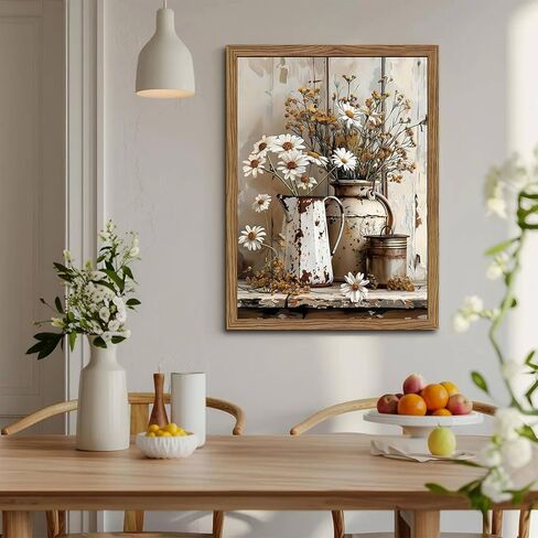 Country Wall Art, Farmhouse Pictures Wall Decor, Rustic Daisy Canvas Prints, Rusty Watering Can Art Paintings, Vintage Floral Artwork for Living Room Hallway Kitchen Bathroom Decor, Framed 12x16 In in Saudi Arabia