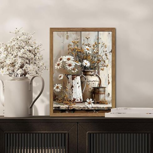 Country Wall Art, Farmhouse Pictures Wall Decor, Rustic Daisy Canvas Prints, Rusty Watering Can Art Paintings, Vintage Floral Artwork for Living Room Hallway Kitchen Bathroom Decor, Framed 12x16 In in Saudi Arabia