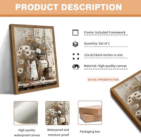 Country Wall Art, Farmhouse Pictures Wall Decor, Rustic Daisy Canvas Prints, Rusty Watering Can Art Paintings, Vintage Floral Artwork for Living Room Hallway Kitchen Bathroom Decor, Framed 12x16 In in Saudi Arabia