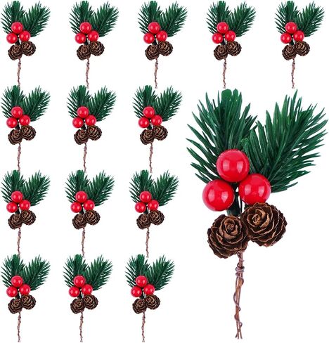 15 Pcs Christmas Floral Picks, Pine Cone Holly Berry Stems for Crafts, Artificial Christmas Picks and Sprays, Red Berry Branches Greenery for Flower Wreaths DIY Xmas Gifts in Saudi Arabia