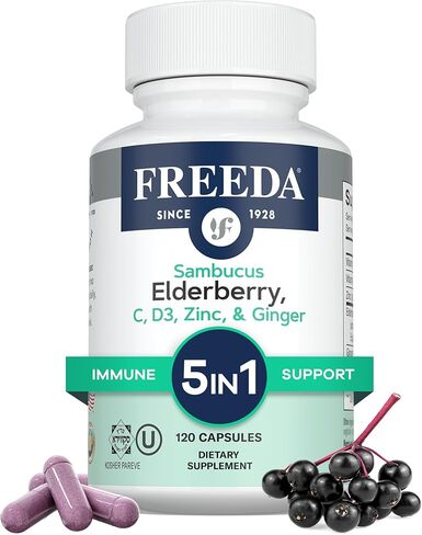 FREEDA Sambucus Elderberry مع فيتامين C والزنك وفيتامين D3 والزنجبيل - 5 في 1 مكمل دعم المناعة العشبي المضاد للأكسدة للنساء والرجال - كبسولات Elderberry للبالغين خالية من الغلوتين، صنع في الولايات المتحدة الأمريكية (120 قطعة) in Kuwait