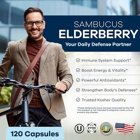 FREEDA Sambucus Elderberry مع فيتامين C والزنك وفيتامين D3 والزنجبيل - 5 في 1 مكمل دعم المناعة العشبي المضاد للأكسدة للنساء والرجال - كبسولات Elderberry للبالغين خالية من الغلوتين، صنع في الولايات المتحدة الأمريكية (120 قطعة) in Kuwait