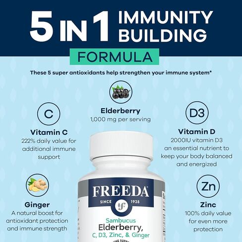 FREEDA Sambucus Elderberry مع فيتامين C والزنك وفيتامين D3 والزنجبيل - 5 في 1 مكمل دعم المناعة العشبي المضاد للأكسدة للنساء والرجال - كبسولات Elderberry للبالغين خالية من الغلوتين، صنع في الولايات المتحدة الأمريكية (120 قطعة) in Kuwait