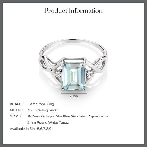 Gem Stone King 2.34 Cttw Sky Blue Simulated Aquamarine and White Topaz Women Ring In 925 Sterling Silver | Emerald Cut 9X7MM | Gemstone Birthstone (Size 8) in Saudi Arabia