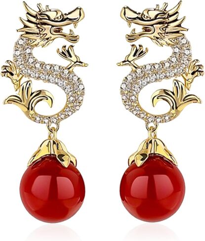 Peasimy النمط الصيني التنين وأقراط للنساء Vintage الشرير الحيوان الطوطم زركون اللؤلؤ حجر الراين التنين بيان أقراط مجوهرات in Kuwait