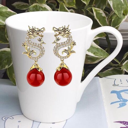 Peasimy النمط الصيني التنين وأقراط للنساء Vintage الشرير الحيوان الطوطم زركون اللؤلؤ حجر الراين التنين بيان أقراط مجوهرات in Kuwait