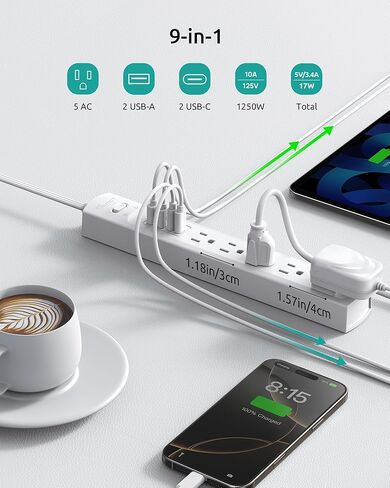 سلك امتداد تغطية المخرج قصير 3 أقدام ، شريط طاقة قابس مسطح مع 5 منافذ و 4 منافذ USB ، 1440 جولز تراجع واقي ، 3 شقوق امتداد داخلي سلك الجدار المسطح لمكتب المكتب المنزلي ، أبيض in Kuwait
