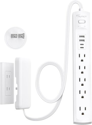 Outlet Cover Extension Cord Short 3ft, NUTICT Flat Plug Power Strip with 5-Outlet & 4 USB Ports, 1440 Joules Surge Protector, 3 Prong Indoor Extension Cord Flat Wall Plug for Home Office Desk, White in Kuwait