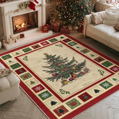 Artoid Mode Beige Xmas Tree Merry Christmas Area Rug, Winter Home Decor Low-Profile Non-Slip Washable Large Rug for Living Room Bedroom Farmhouse Dining Room Kids Playroom 5x7 Feet in Saudi Arabia