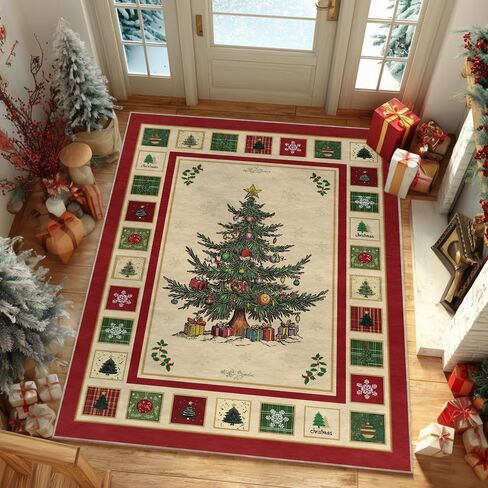 Artoid Mode Beige Xmas Tree Merry Christmas Area Rug, Winter Home Decor Low-Profile Non-Slip Washable Large Rug for Living Room Bedroom Farmhouse Dining Room Kids Playroom 5x7 Feet in Saudi Arabia
