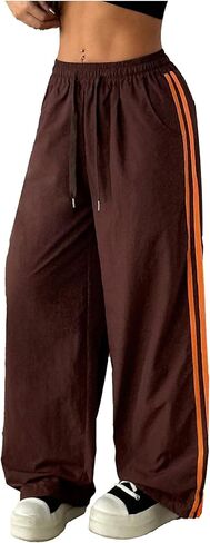GORGLITTER Women's Y2k Baggy Track Pants Wide Leg Parachute Pants Side Strip High Waisted Drawstring Trousers in Saudi Arabia