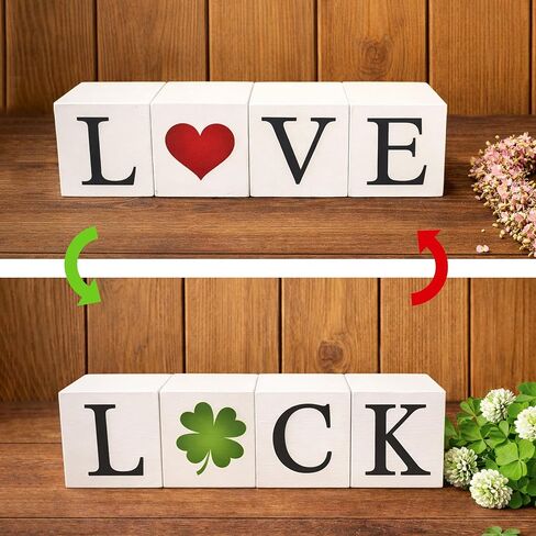 Reversible Valentines Day / St Patricks Day Decorations, 4pcs Wooden Farmhouse Valentines Decor, Valentines Day St Patricks Day Decor For Home Bathroom Mantel Office Table Mantle House, Vintage Love Heart Luck Clover Pattern Signs (White) in Saudi Arabia
